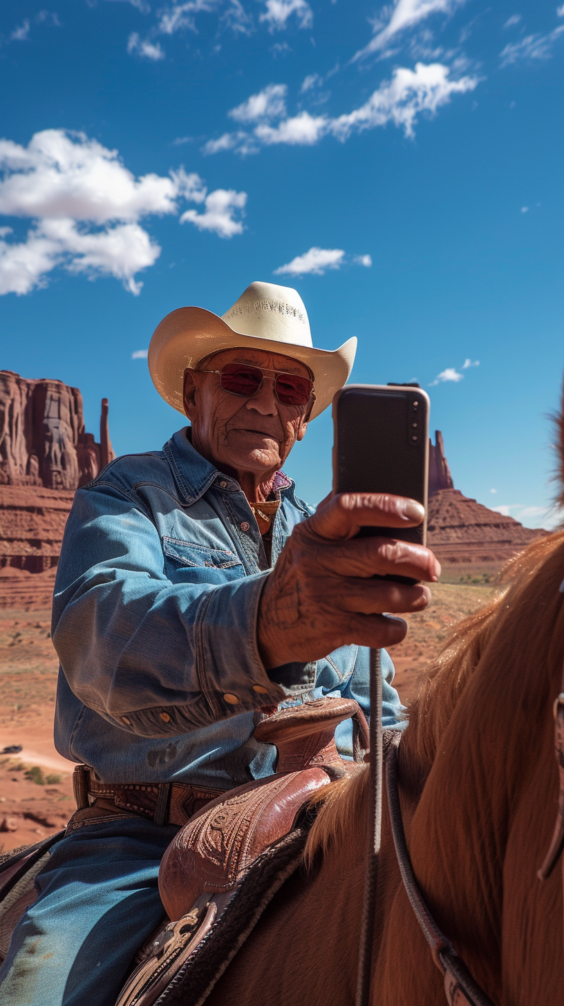 cowboy on a horse taking a selfie