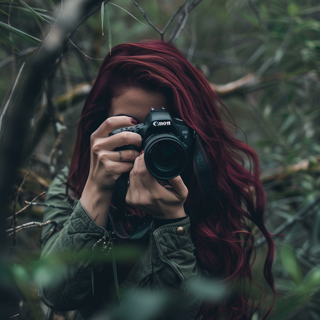 woman in the woods taking a photograph