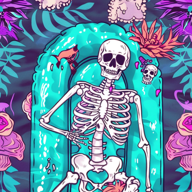 skeleton laying on a pool floating with tropical teal and purple plants floating around him