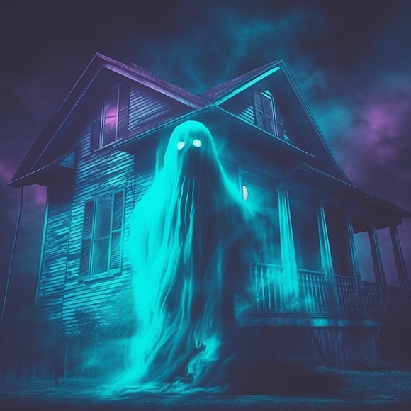 ghost in front of a haunted house teal and purple colors