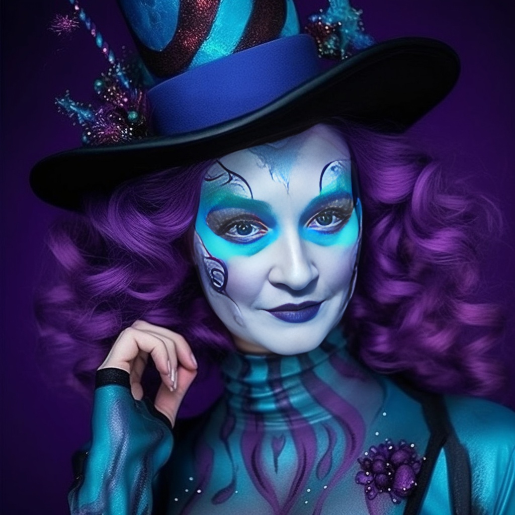 Katie dressed in a circus performer outfit for Halloween, teal and purple colors