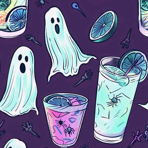 ghost summertime background with cocktails, dark purple citrus fruits, summerween vibes
