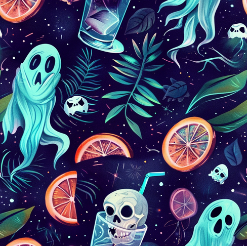 ghost summertime background with cocktails oranges, dark blue with tropical plants, summerween vibes