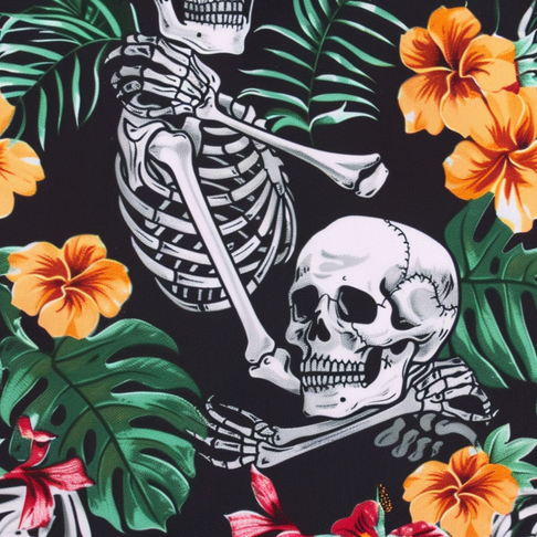 skeleton luau print against a black background with green ferns and orange flowers