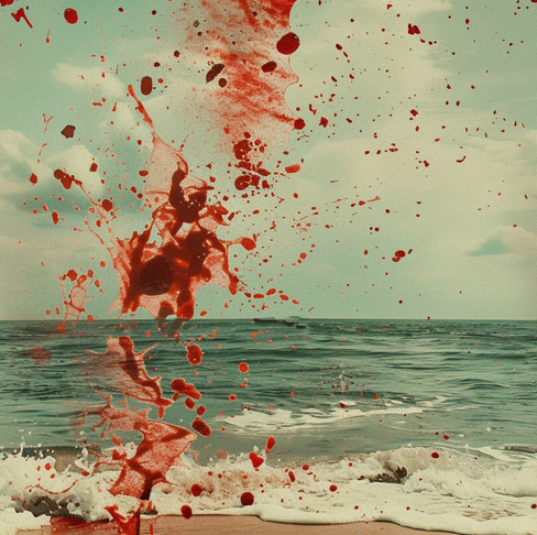 vintage beach photograph with blood splattered on it, summerween