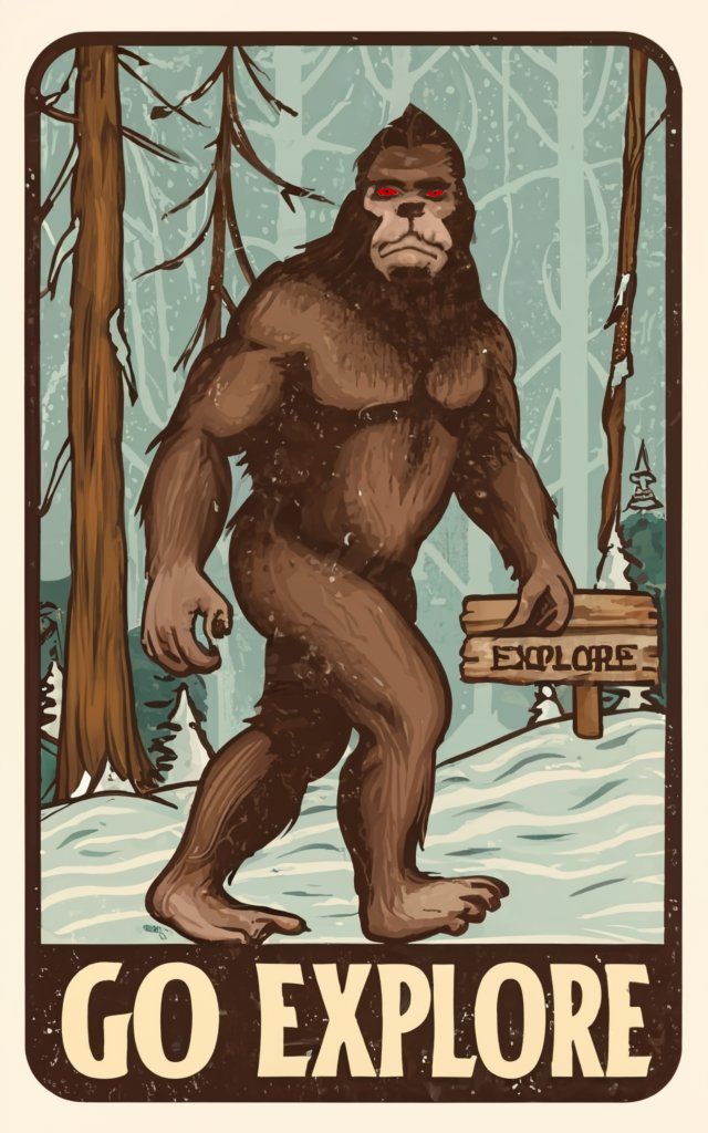 Bigfoot vintage style postcard, bigfoot in the woods