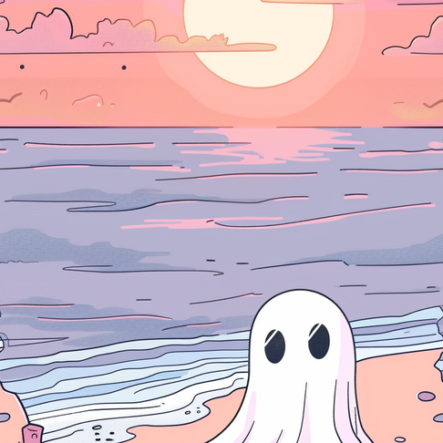 Cute ghost looking out at the ocean during summertime, summerween, pastel pink and purple colors, ghost on a beach