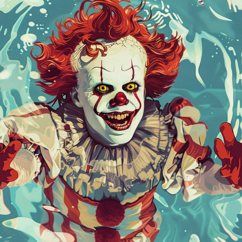 Pennywise swimming in the pool holding the phone selfie style in the air, clown, creepy clown, summerween