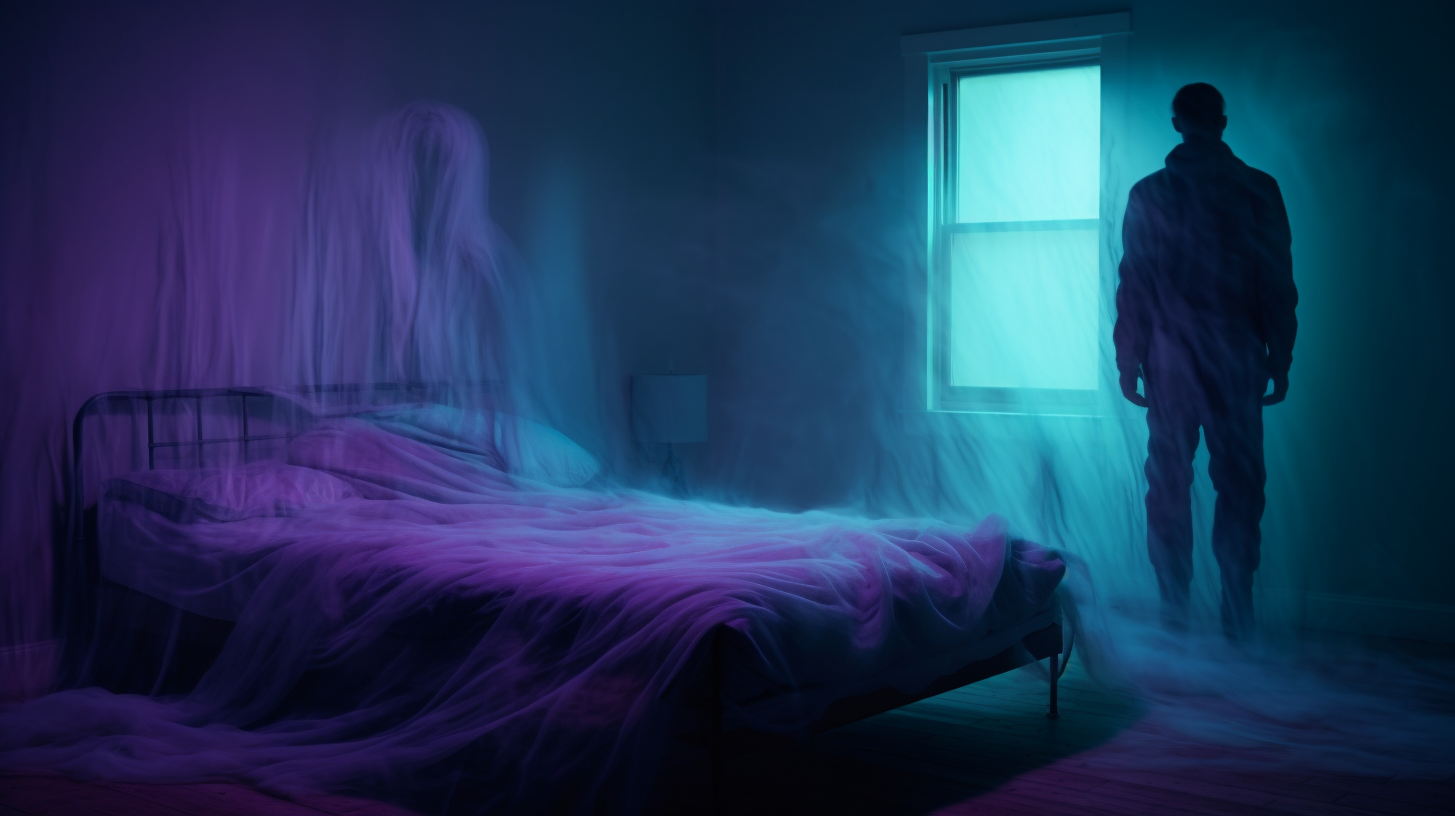 Ghostly Apparition of a Man Next to a Bed, teal and purple colors