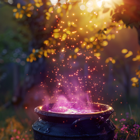 cauldron bubbling up with purple magical flames and smoke in a forest
