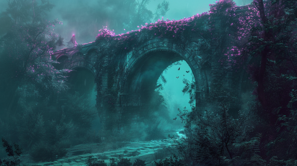 a spooky bridge, teal and purple colors