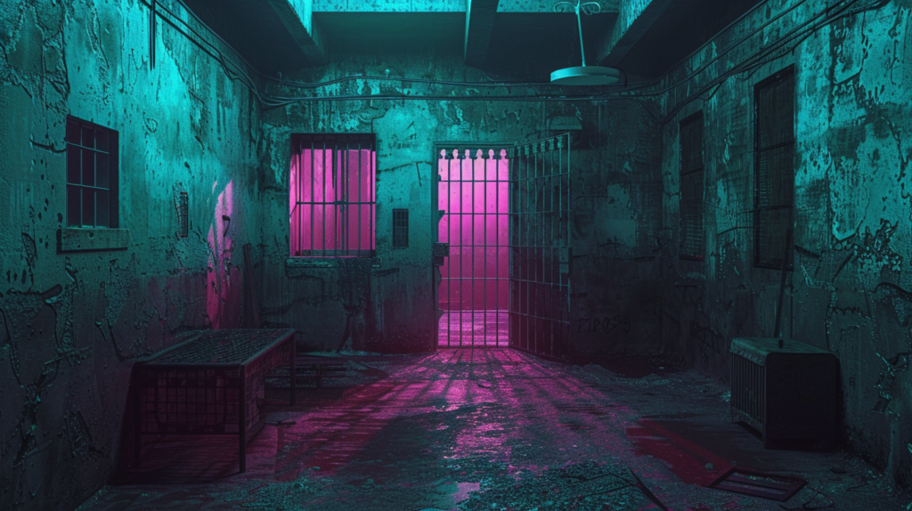 a jail cell with teal and neon pink colors