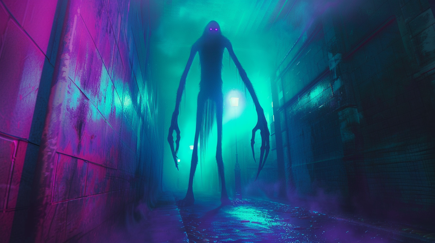 strange unusual creature with long arms and long legs in a dark alley backlit by neon teal and purple lights, horror creature, cryptids